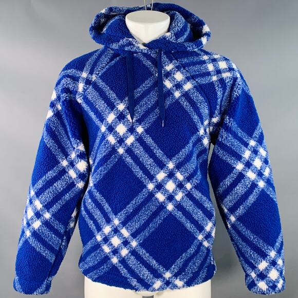 BURBERRY Size XS Blue White Plaid Acrylic Blend Fleece Hoodie Pullover Jacket - Picture 1 of 8